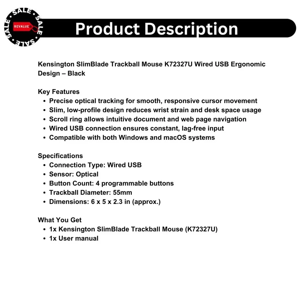 Kensington SlimBlade Trackball Mouse‎ K72327U Wired USB Ergonomic Design – Black